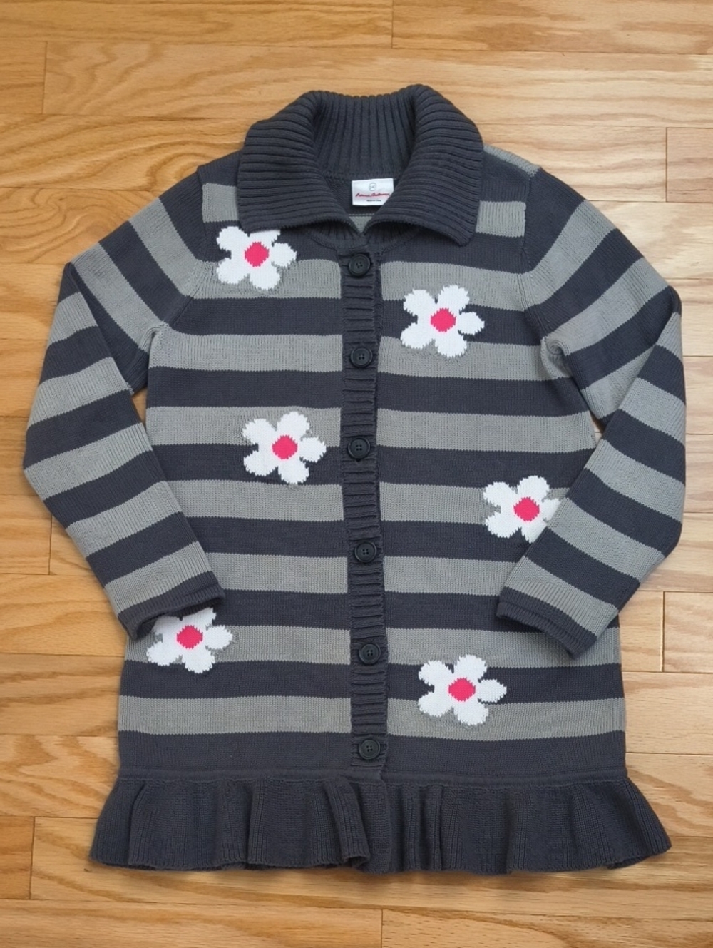 Hanna Andersson Gray Striped Cardigan White & Pink Flowers Size 9/10 NWOT